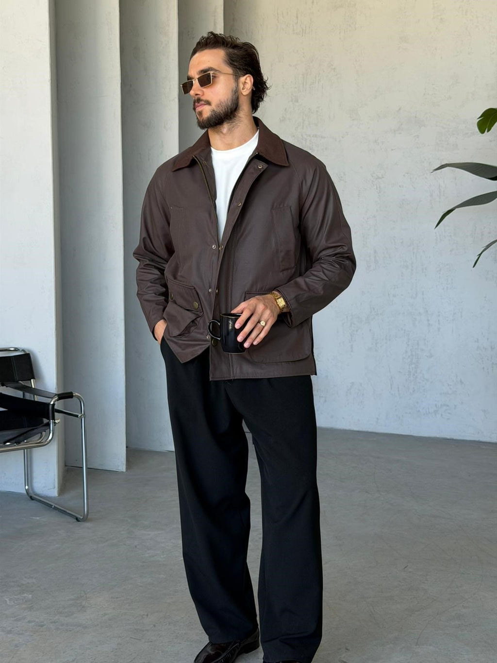 Waxed Snap-Button Pocket Detail Oversiz - Green e Jacket - Brown