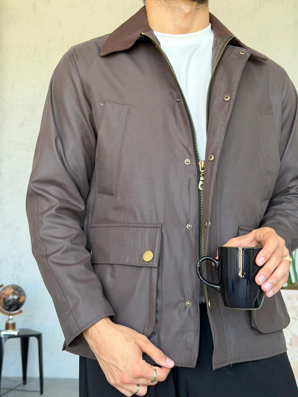 Waxed Snap-Button Pocket Detail Oversiz - Green e Jacket - Brown