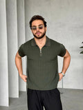 Patterned Zip Polo Knit – Khaki | TST.010