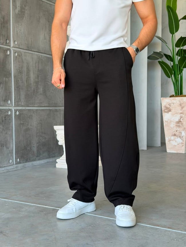 Side Stripe Detail Double Face Baggy Tracksuit – Black