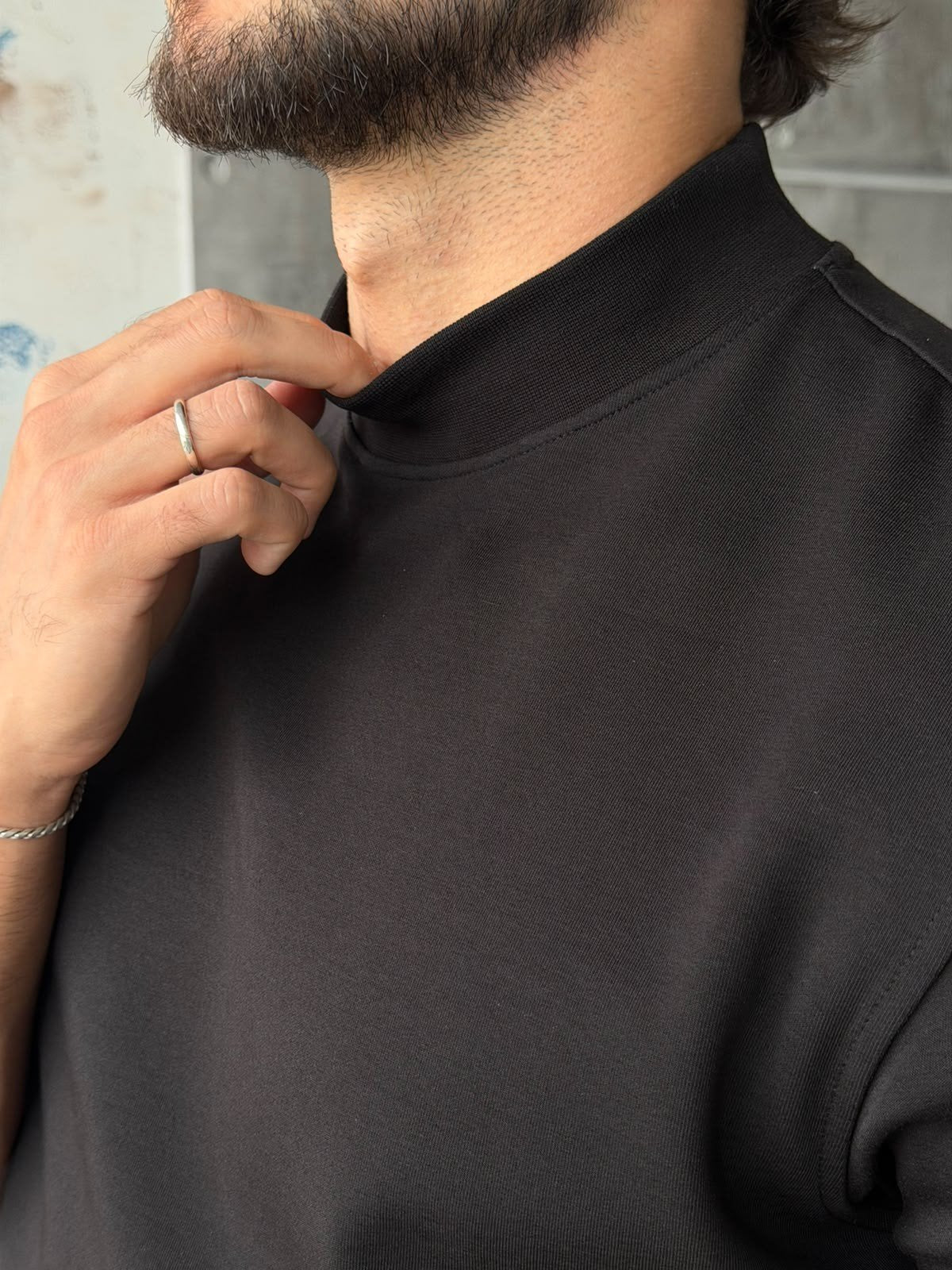 Half-Neck Double-Face T-Shirt - Black