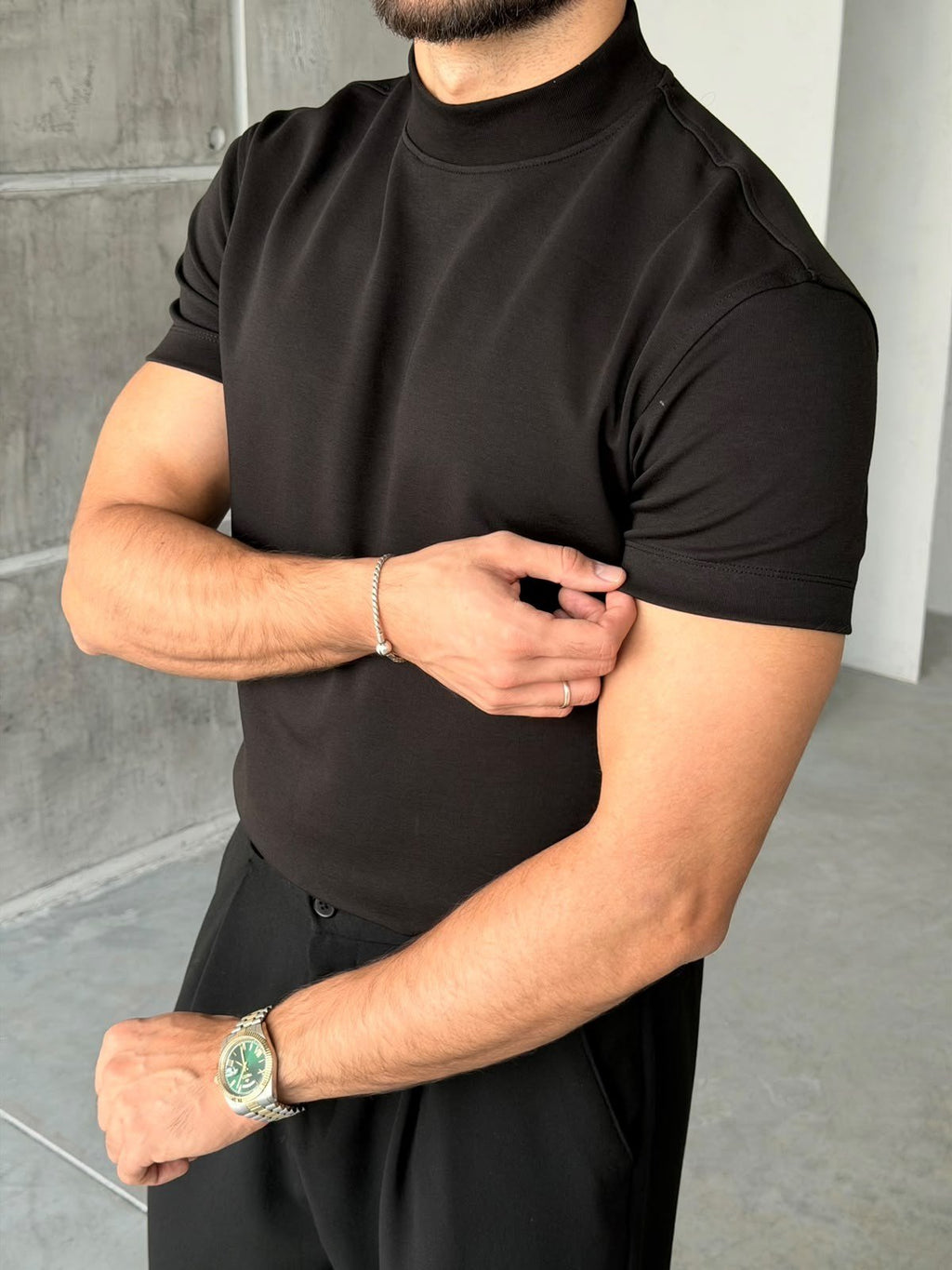 Half-Neck Double-Face T-Shirt - Black