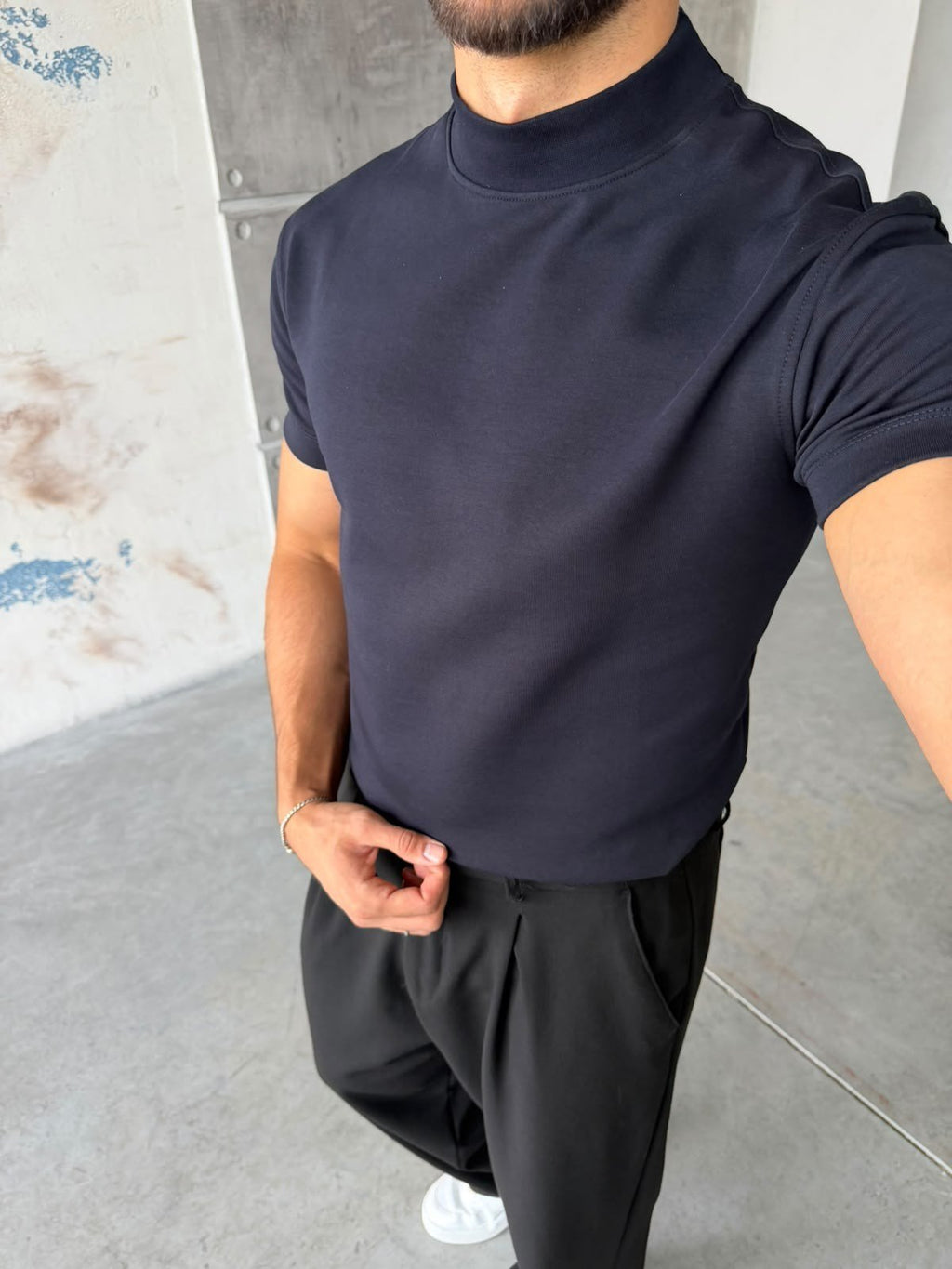 Half-Neck Double-Face T-Shirt - Navy