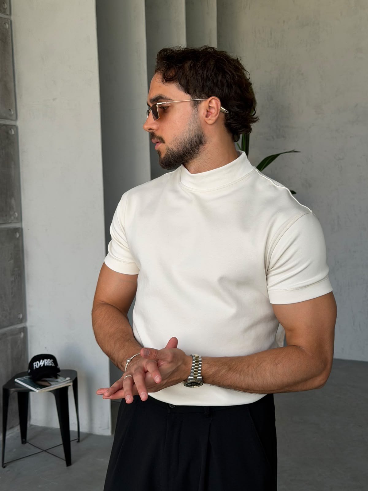 Half-Neck Double-Face T-Shirt - Cream