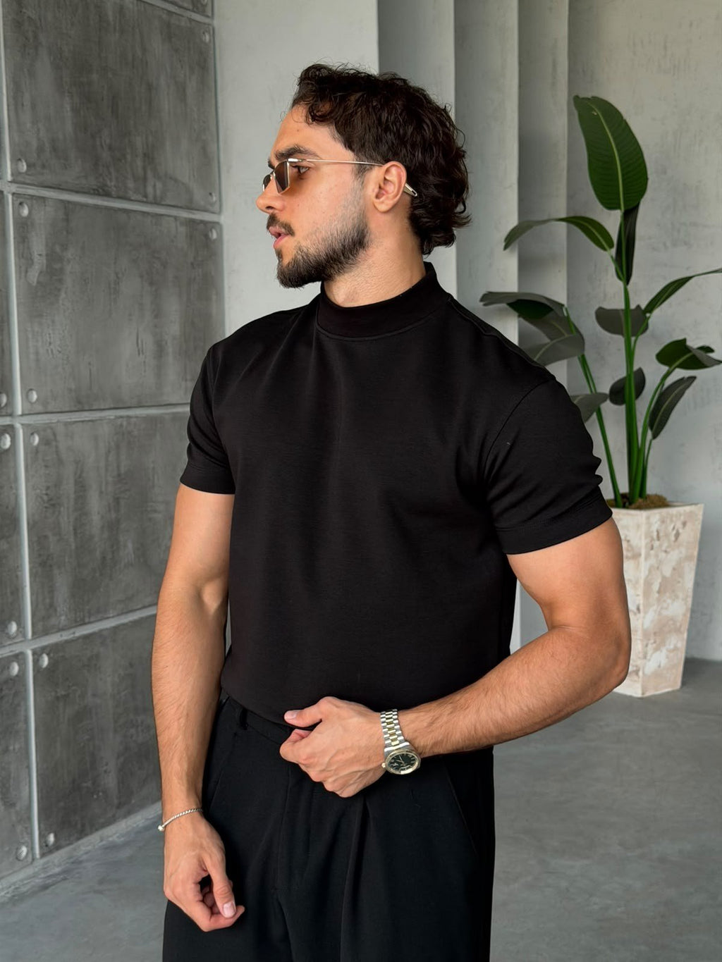 Half-Neck Double-Face T-Shirt - Black