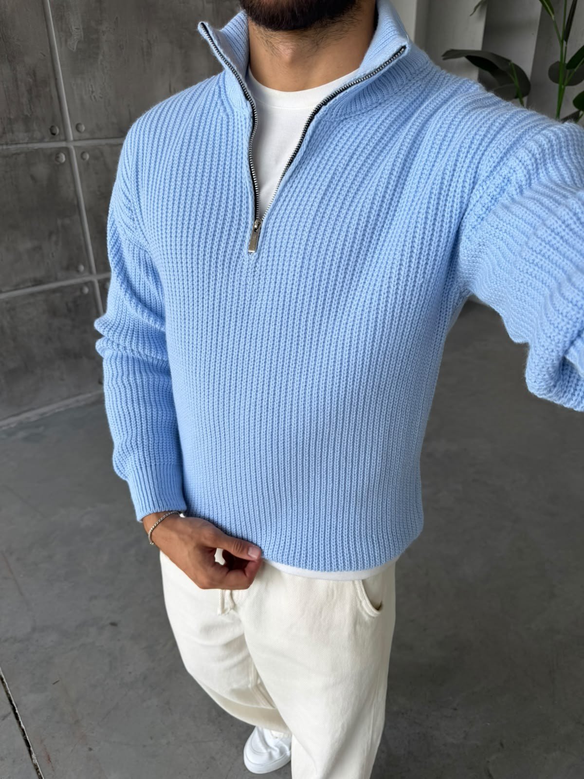 Half-Zip Ribbed Knit Sweater - Baby Blue