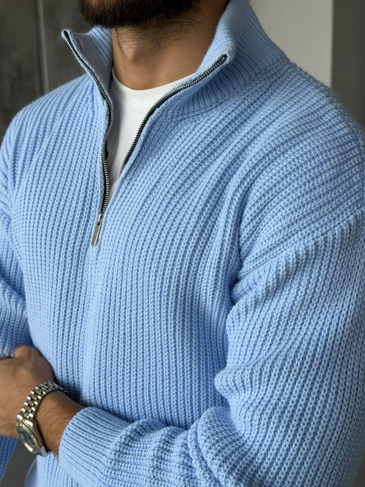 Half-Zip Ribbed Knit Sweater - Baby Blue