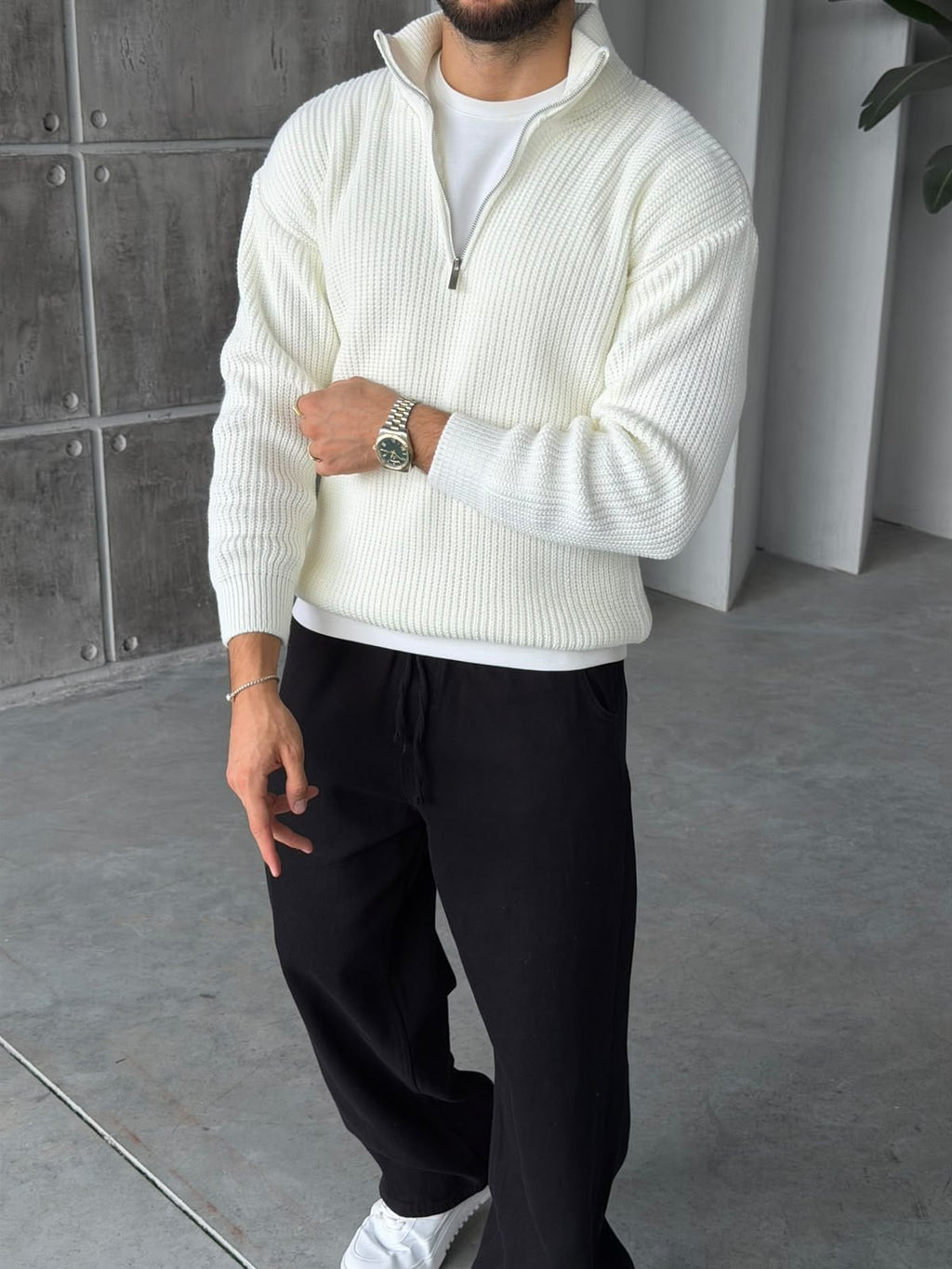 Half-Zip Ribbed Knit Sweater - Ecru
