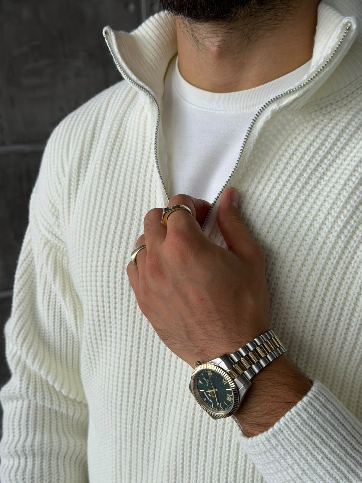 Half-Zip Ribbed Knit Sweater - Ecru