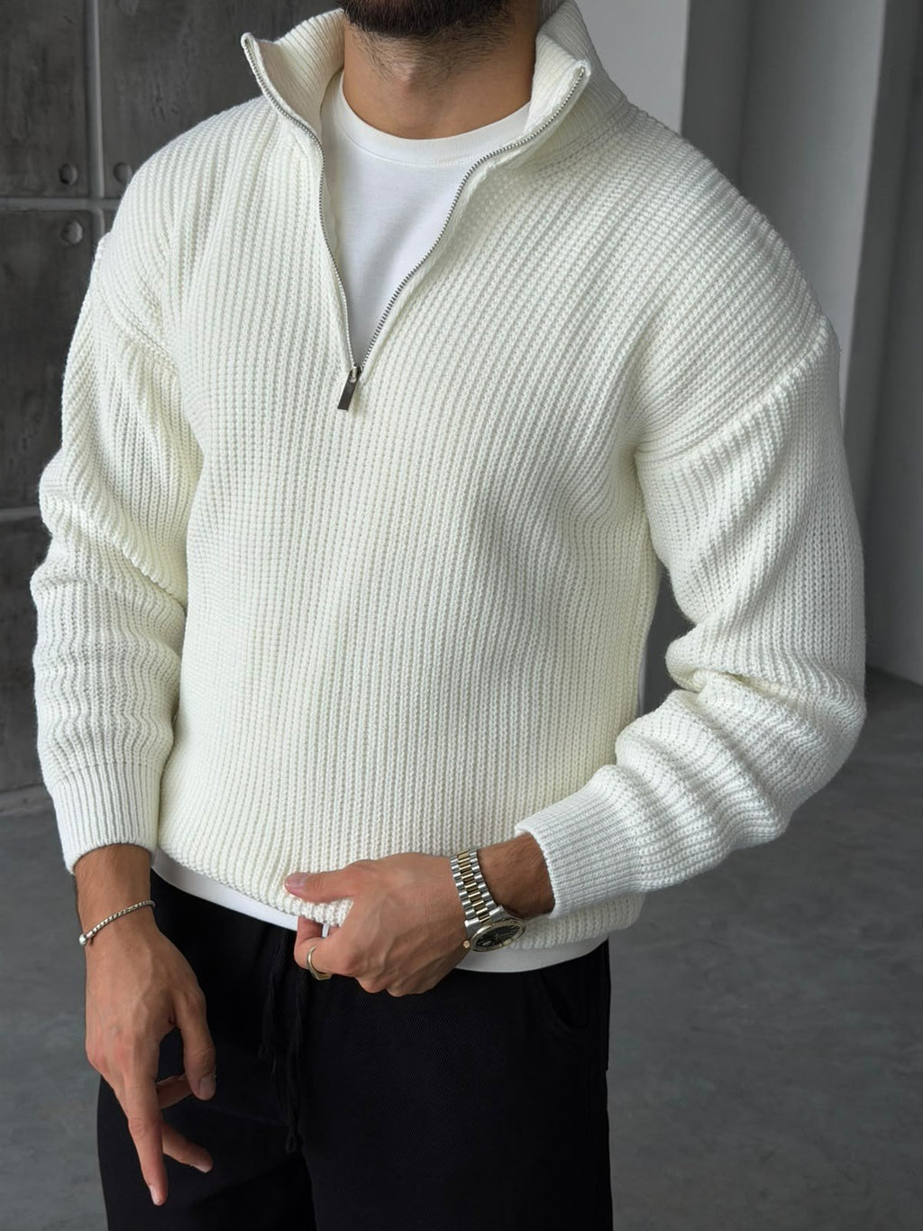 Half-Zip Ribbed Knit Sweater - Ecru