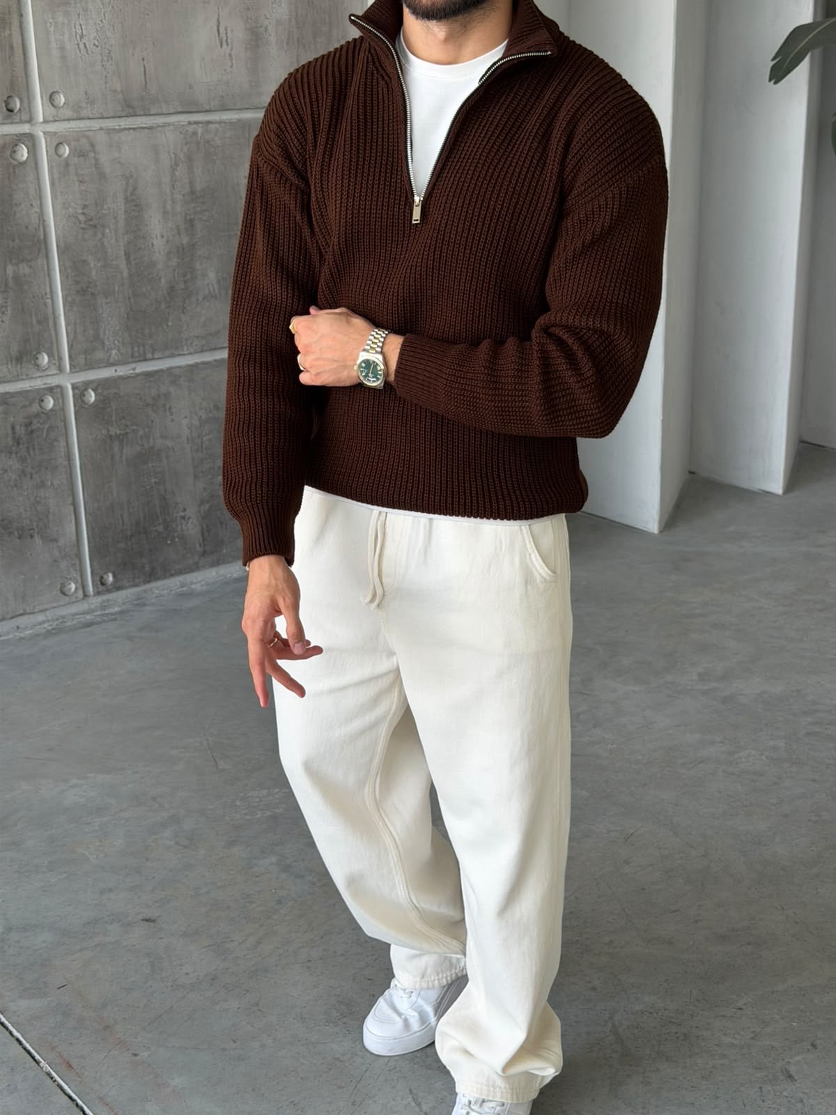 Half-Zip Ribbed Knit Sweater - Brown