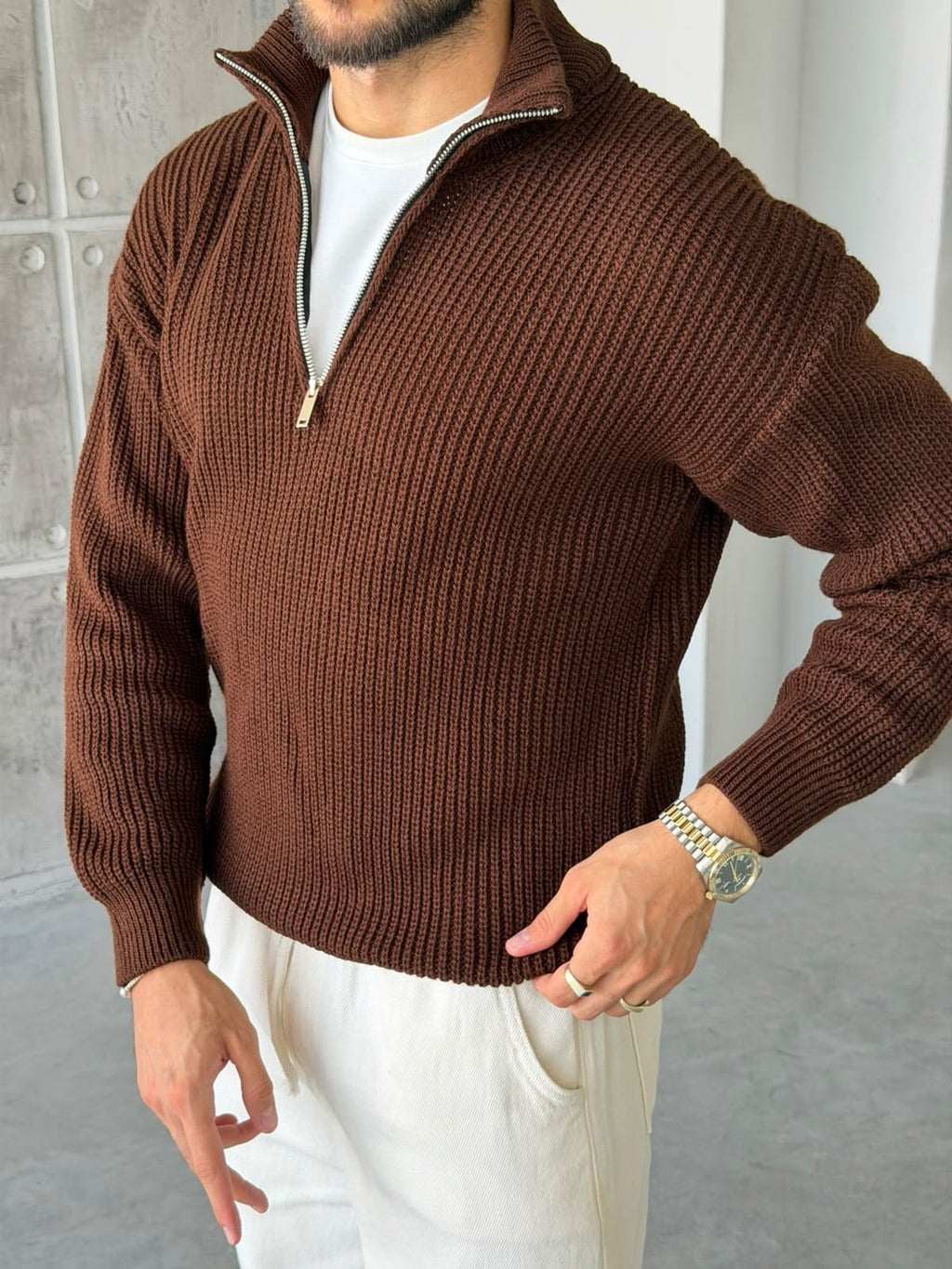 Half-Zip Ribbed Knit Sweater - Brown
