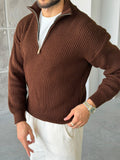 Half-Zip Ribbed Knit Sweater - Brown