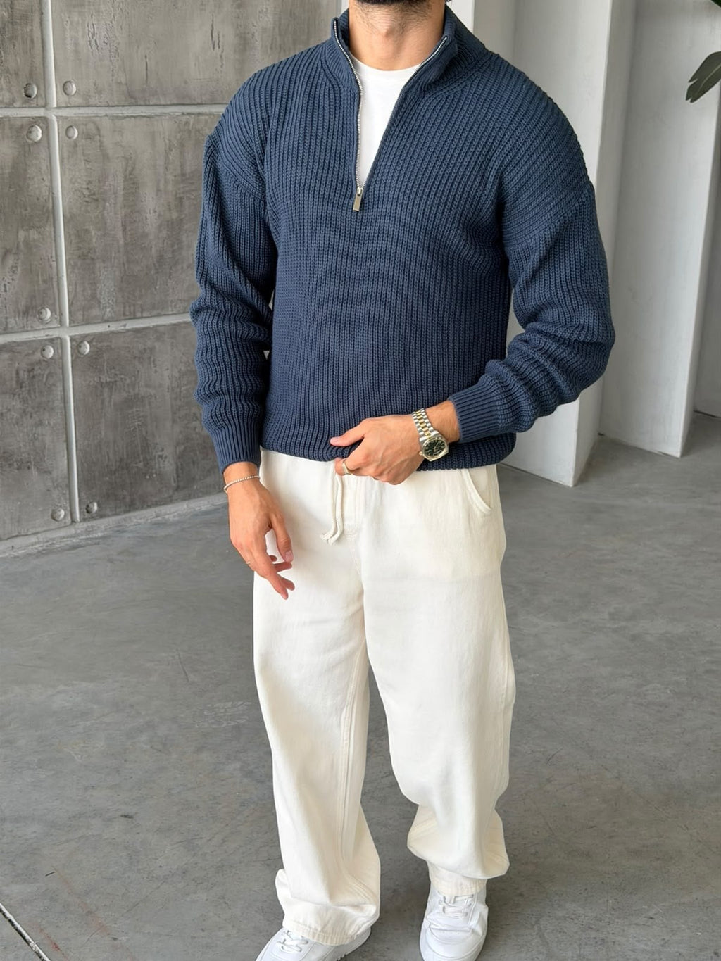 Half-Zip Ribbed Knit Sweater - Navy Blue