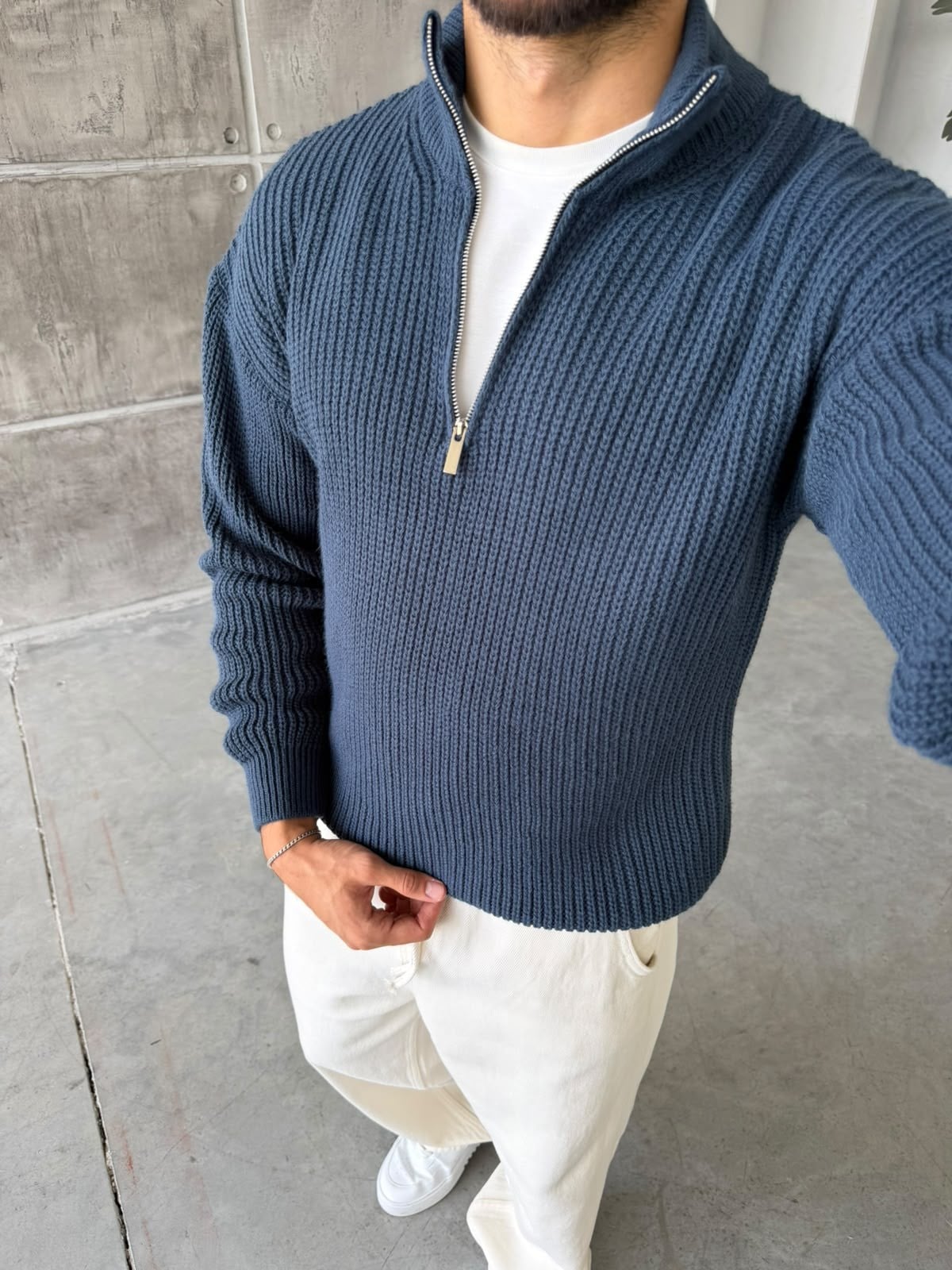 Half-Zip Ribbed Knit Sweater - Navy Blue
