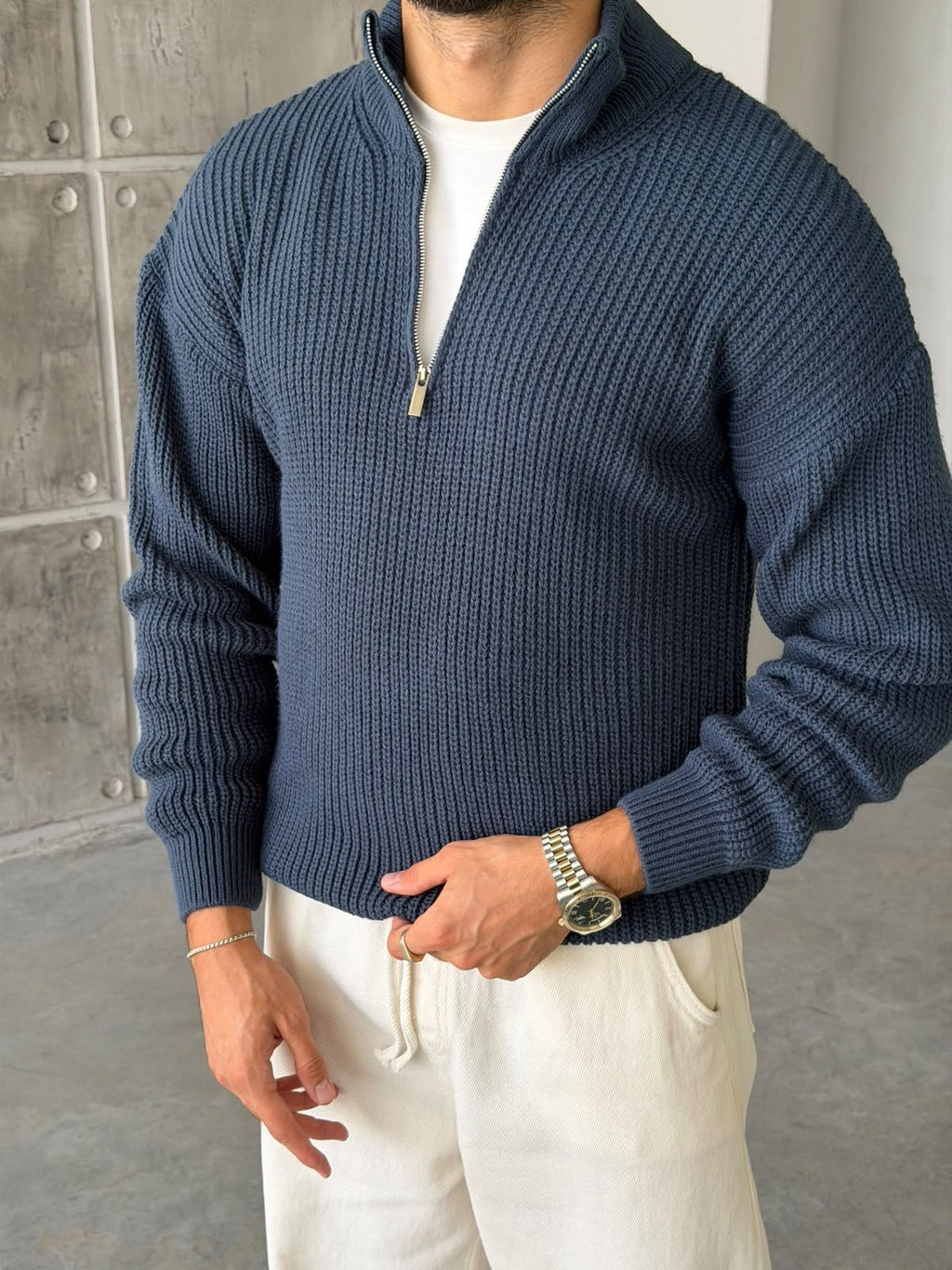 Half-Zip Ribbed Knit Sweater - Navy Blue