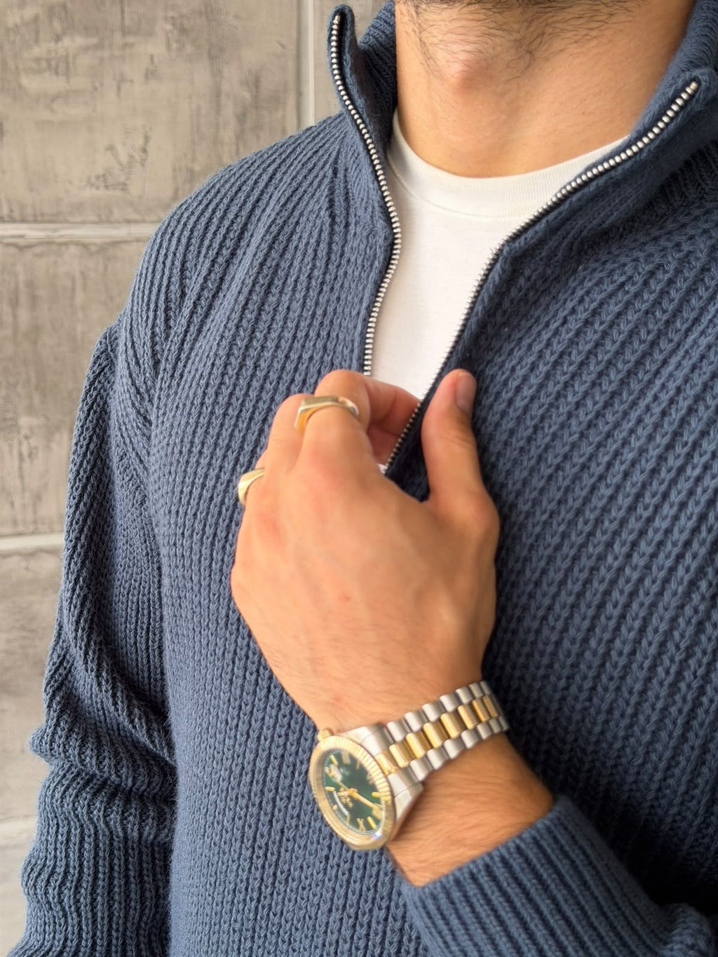 Half-Zip Ribbed Knit Sweater - Navy Blue
