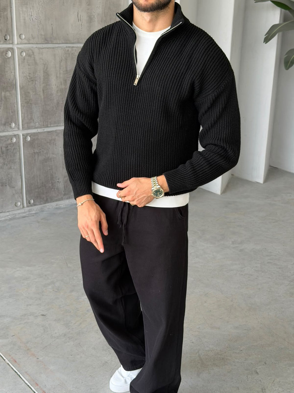 Half-Zip Ribbed Knit Sweater - Black