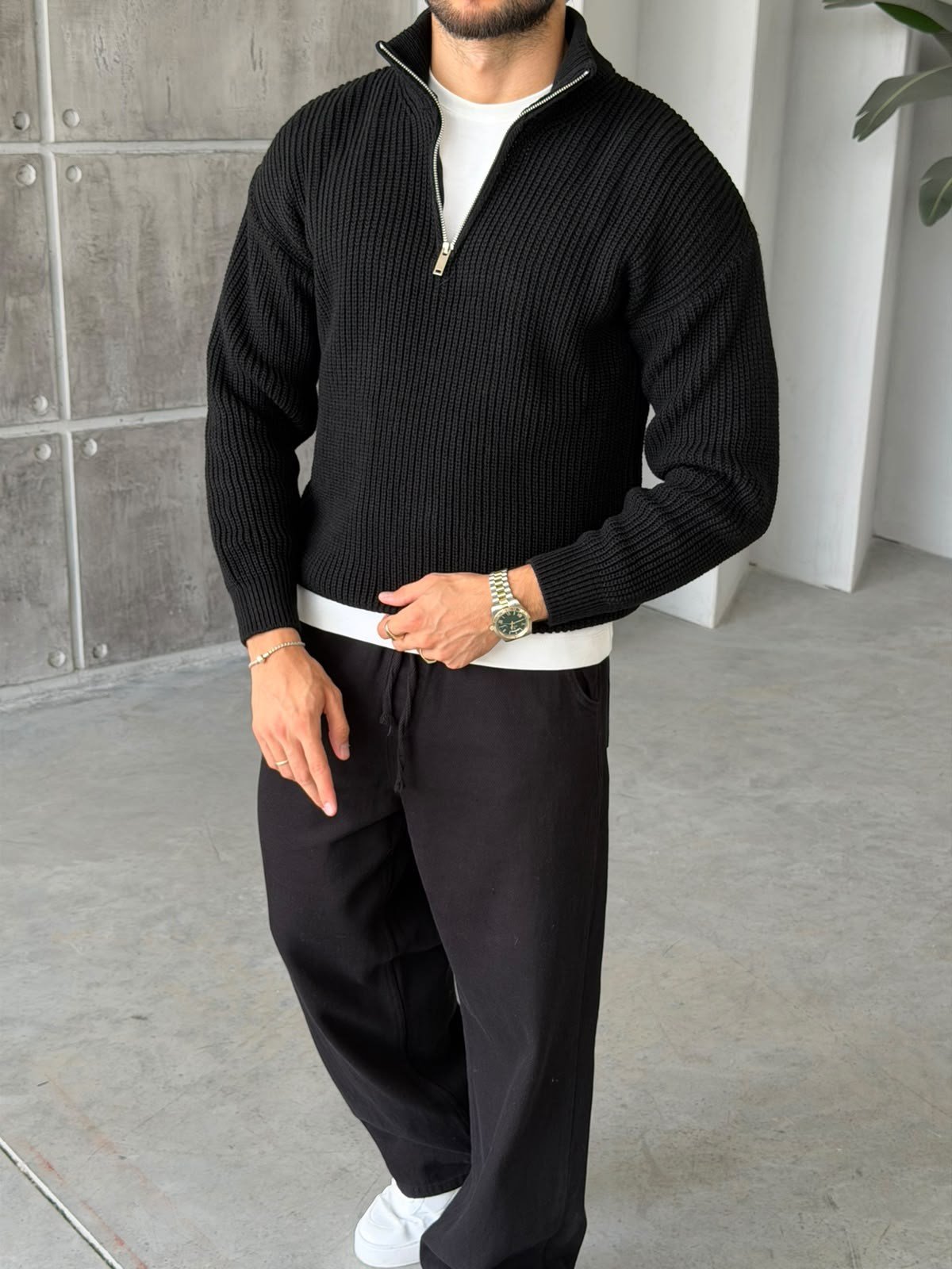 Half-Zip Ribbed Knit Sweater - Black
