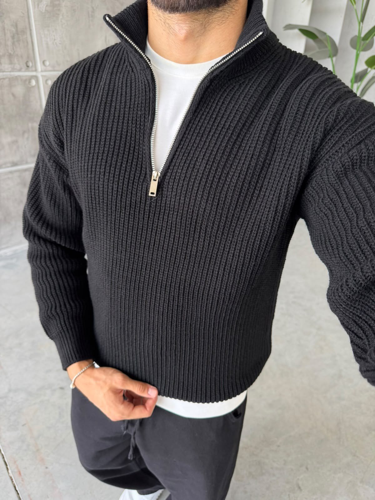 Half-Zip Ribbed Knit Sweater - Black