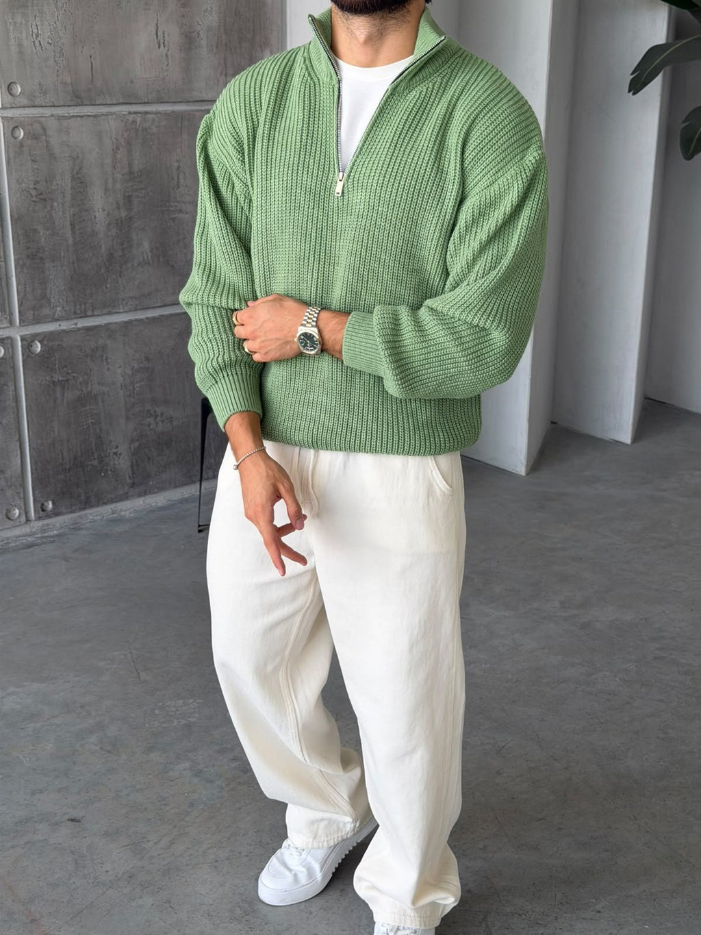 Half-Zip Ribbed Knit Sweater - Green