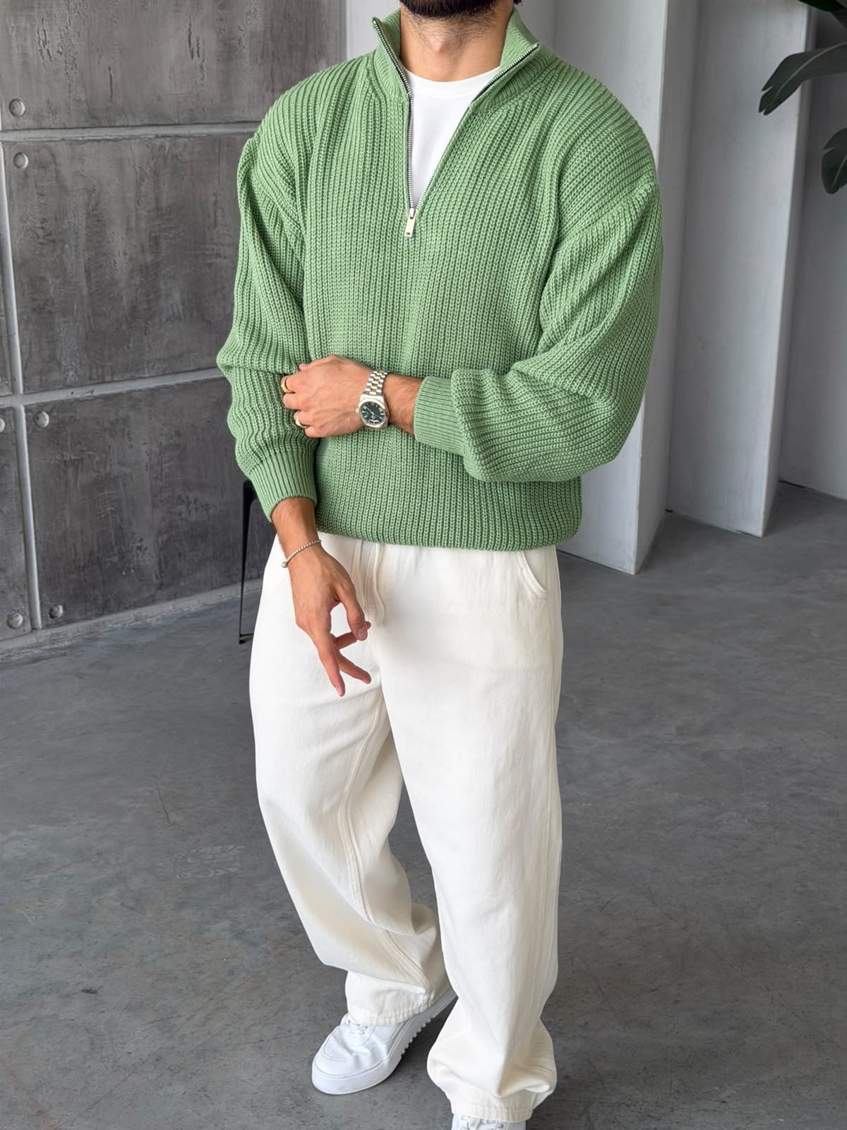 Half-Zip Ribbed Knit Sweater - Green