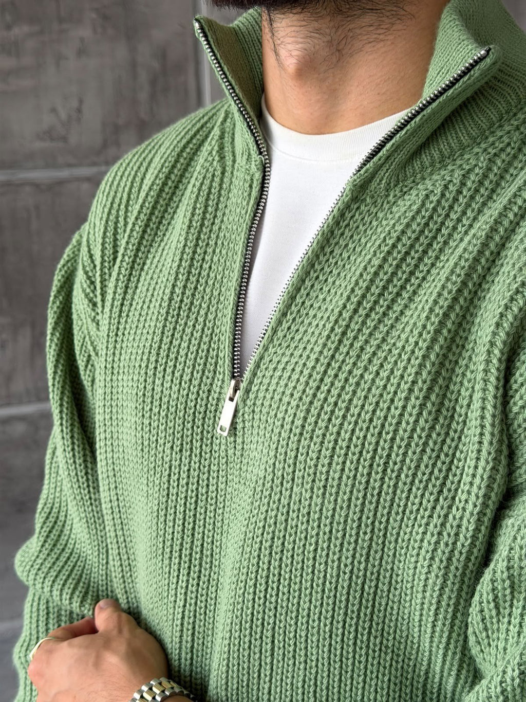Half-Zip Ribbed Knit Sweater - Green