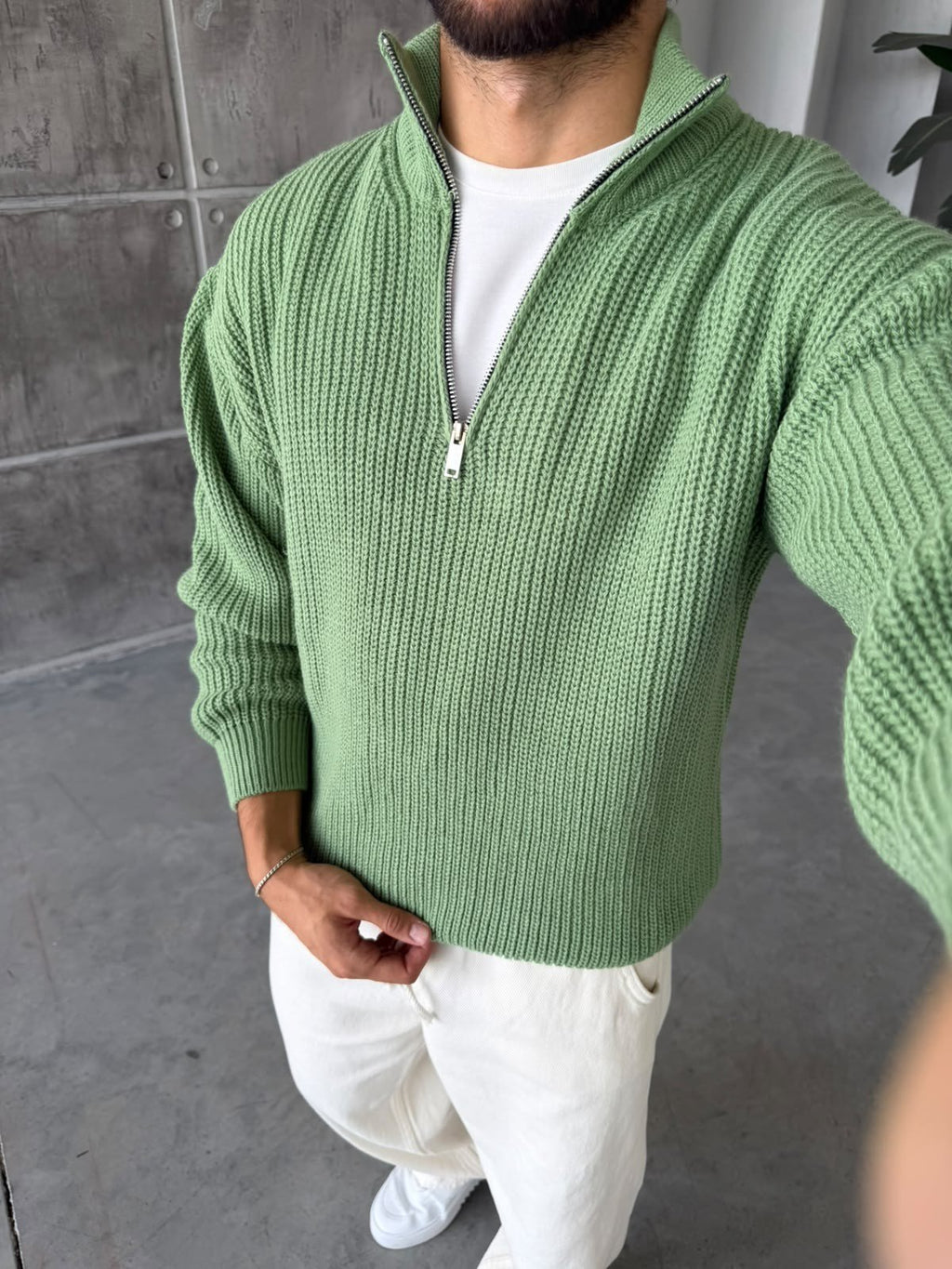 Half-Zip Ribbed Knit Sweater - Green