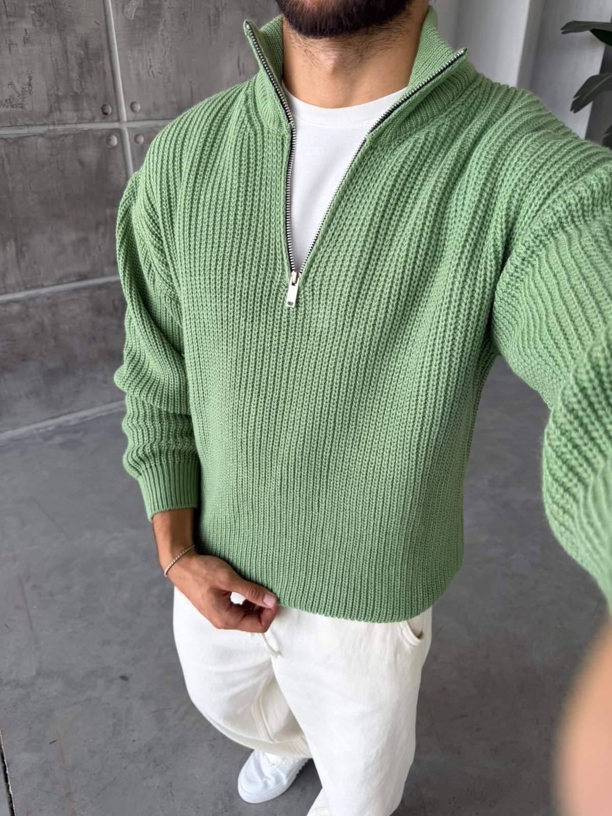 Half-Zip Ribbed Knit Sweater - Green