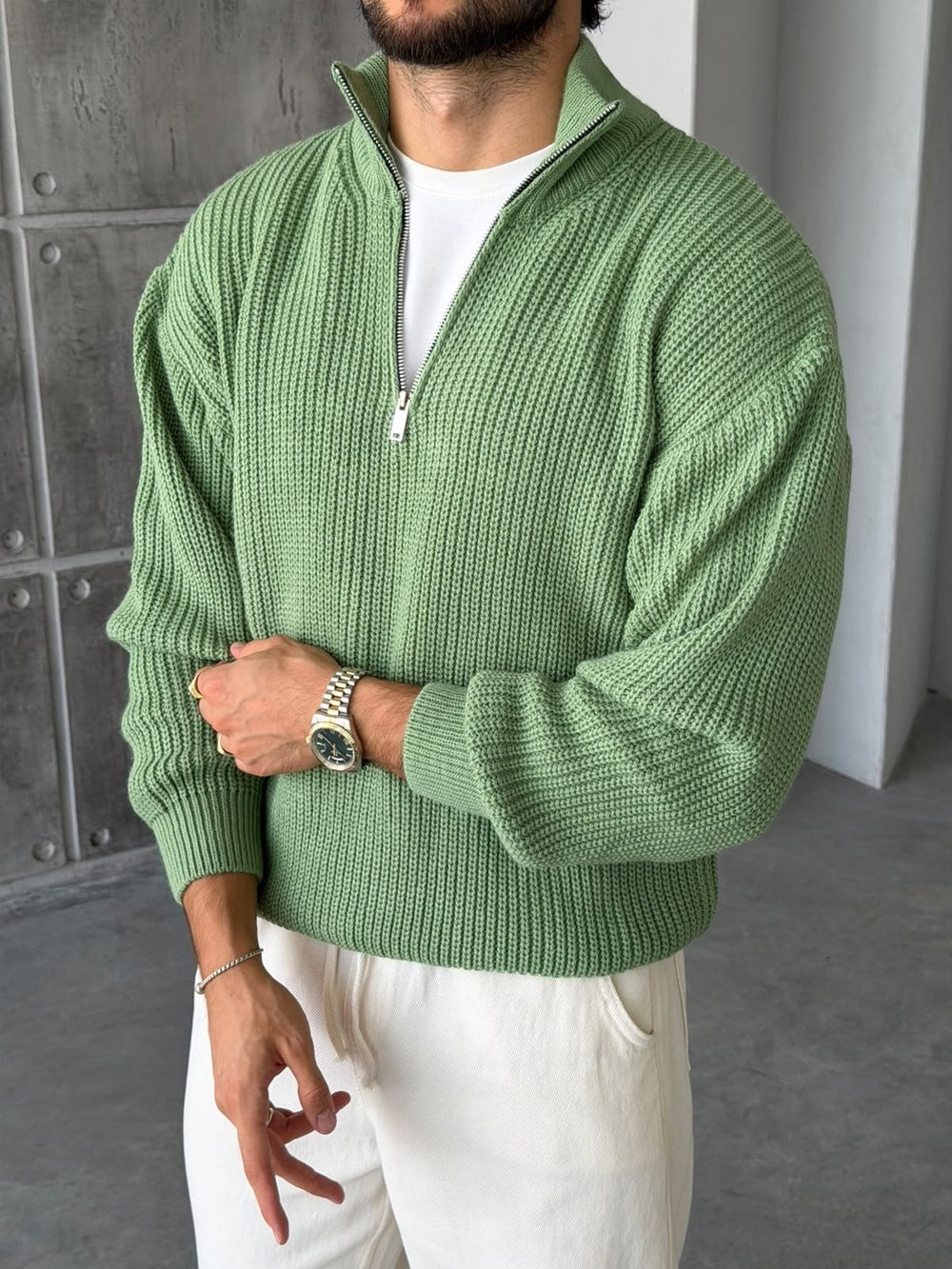 Half-Zip Ribbed Knit Sweater - Green