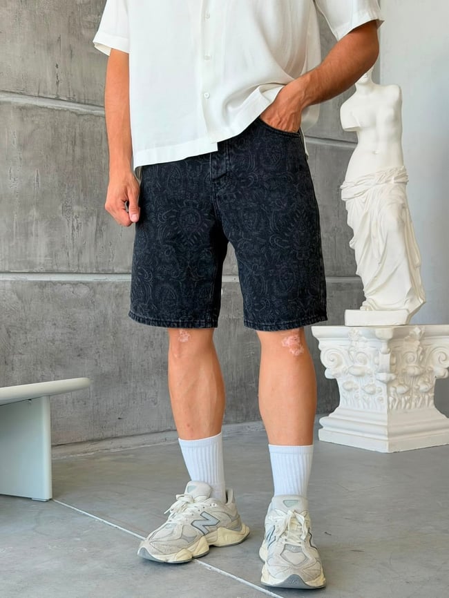 Washed Patterned Design Denim Shorts
