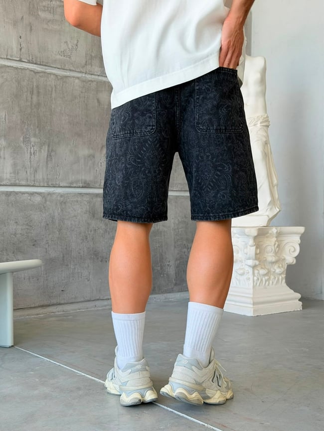 Washed Patterned Design Denim Shorts
